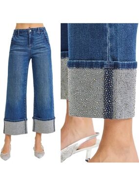 RISEN Rhinestone High-Rise
Waist Cropped Pants Wide Leg
Cuffed Hem Denim Jeans